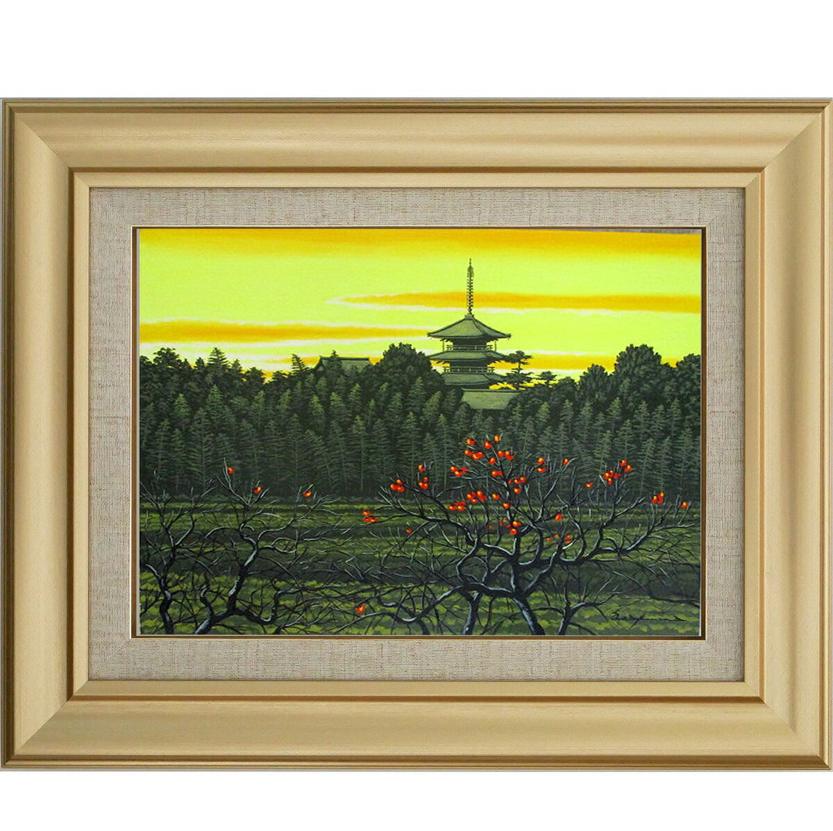 楽天市場】絵画 油絵 額入り油彩 手描き 法隆寺夕景 夕日 夕焼け 秋