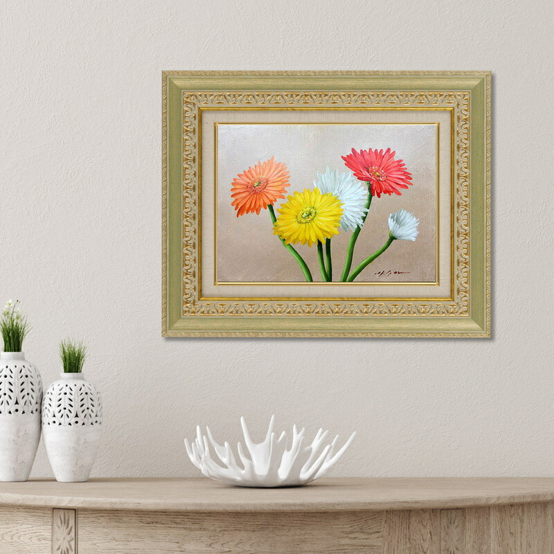 楽天市場】手描き 油絵 額入り油彩画 ガーベラ F4サイズ 黄色 オレンジ