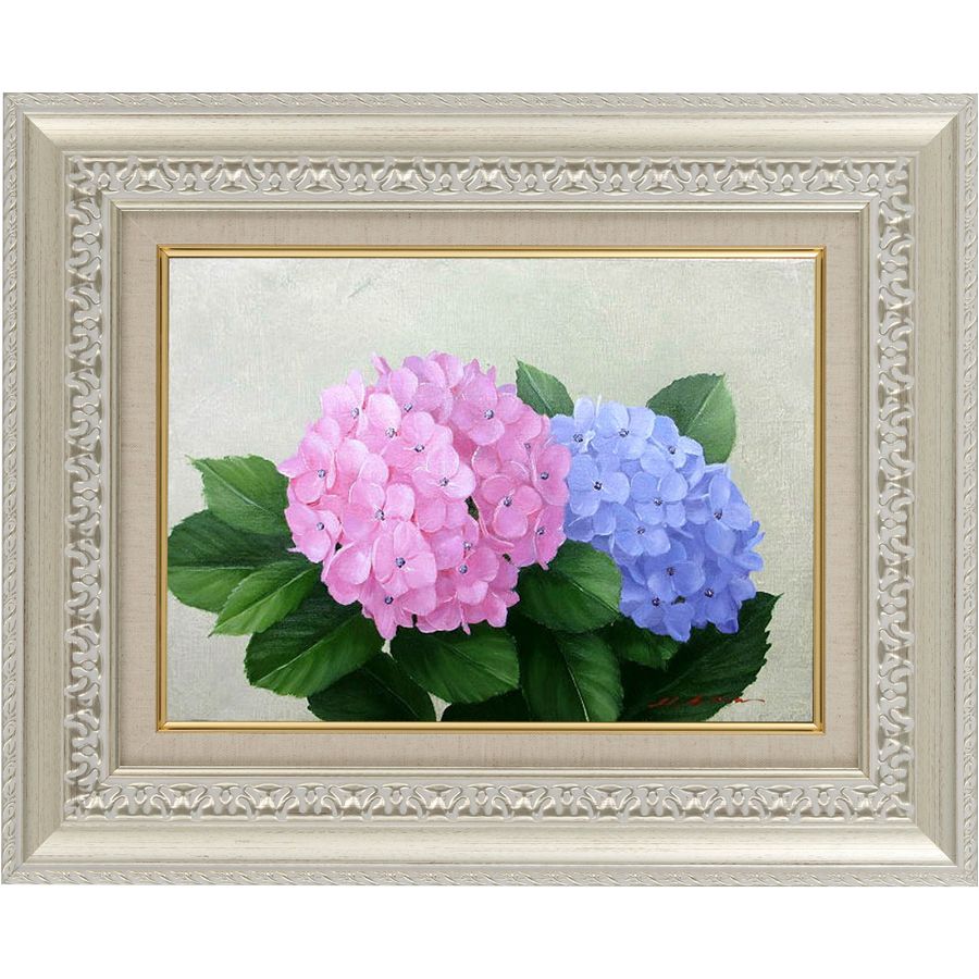 紫陽花の油絵 4号 真作】絵画 作者不詳 サイン有 油彩4号 花 ピンクの
