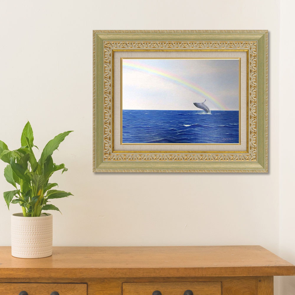 手書き油絵 湖と渡り鳥 額付き 肉筆絵画 インテリア 油彩画 手書き油絵