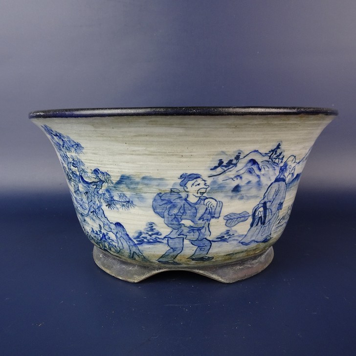 楽天市場】【中古】盆栽鉢 陶翠 小型 長辺 約18.5cm 丸鉢 染付 人物 松