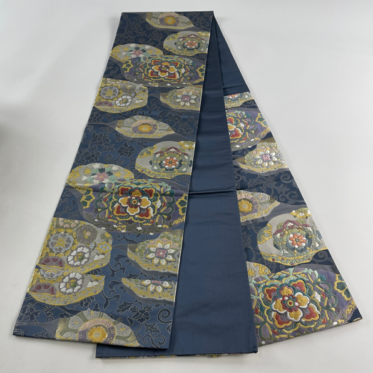 袋帯 美品 秀品 花丸文 唐織 箔 青灰色 六通 正絹 中古 袋帯