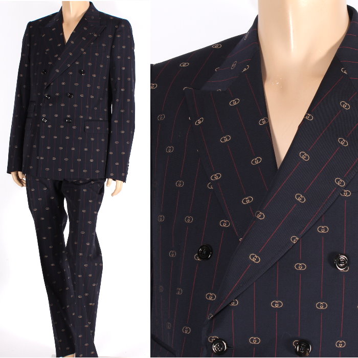 GUCCIストライプスーツブラックにネイビーストライプ52 GUCCI