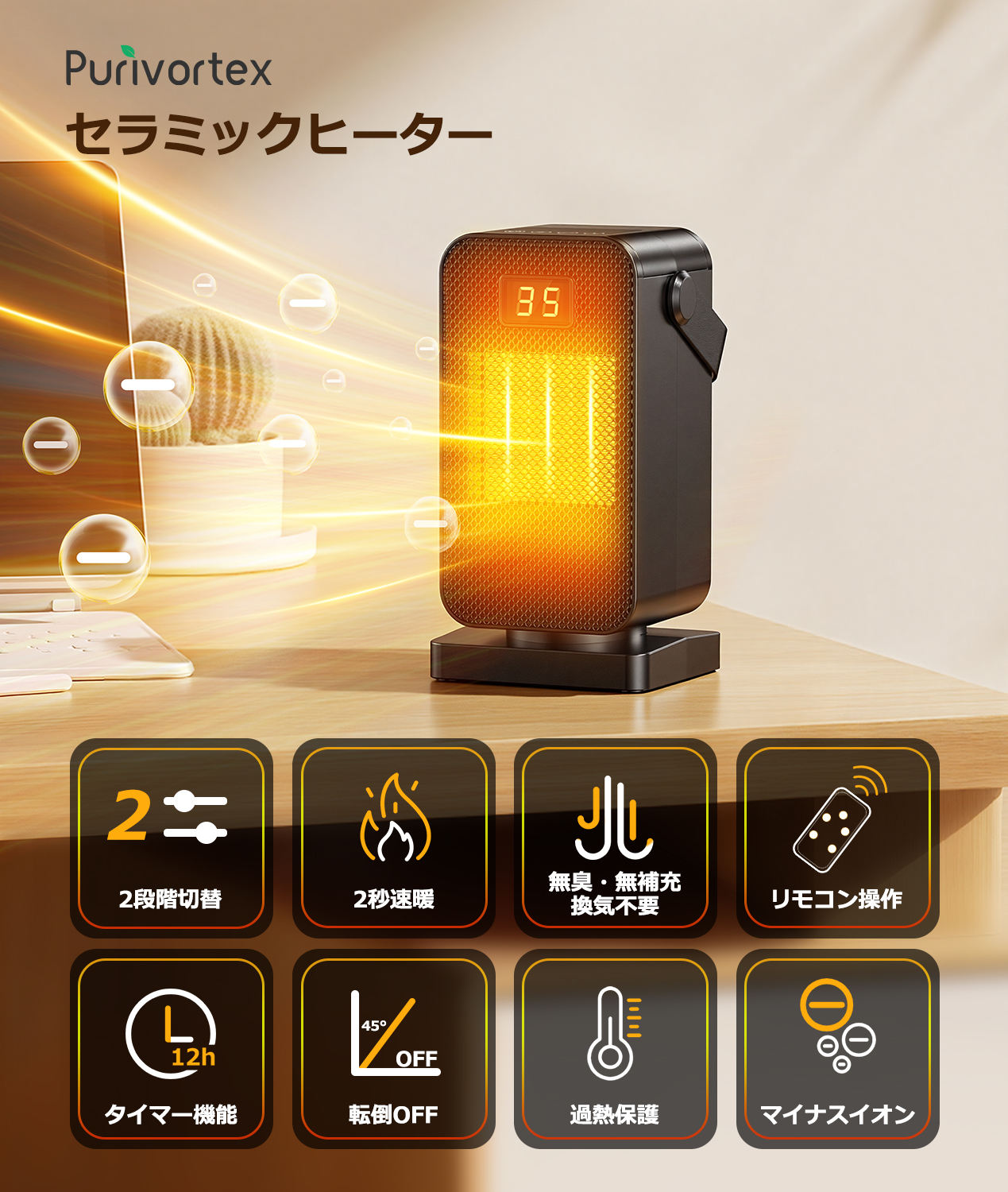 楽天市場】Purivortex セラミックヒーター 小型 【2025冬新型 省エネ