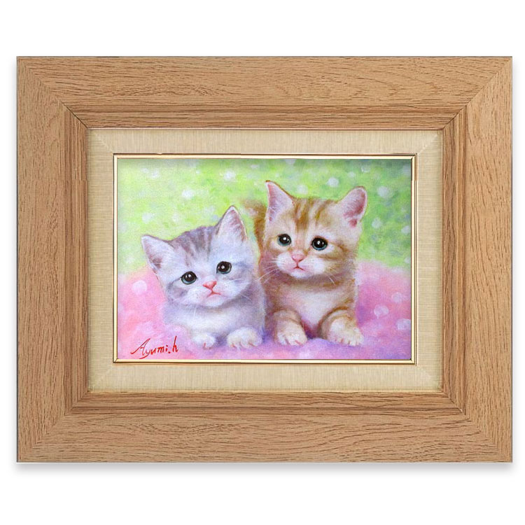 油絵 菅家令子 絵 絵画インテリア額付(黒) F3-030919子犬子猫と女の子