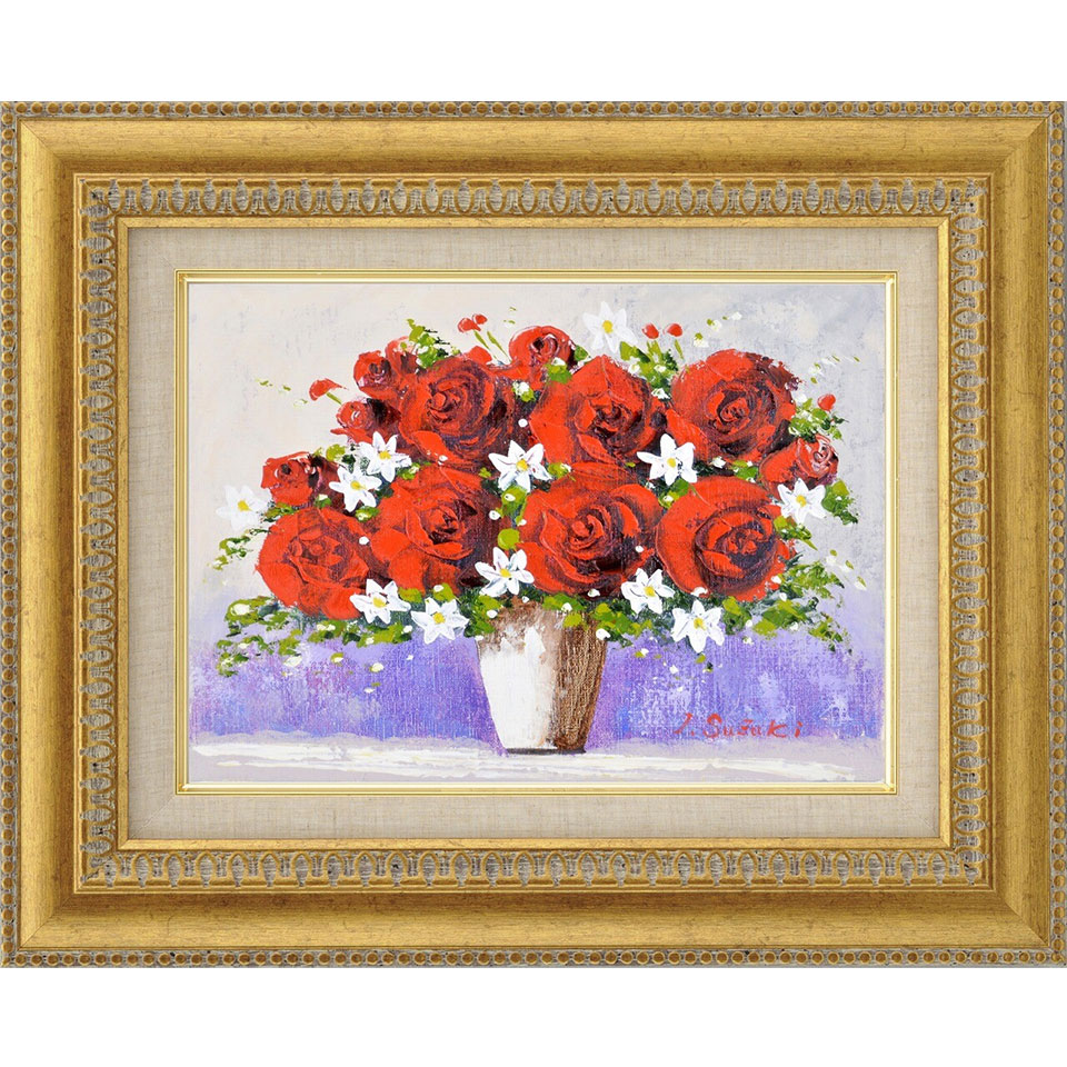 画家haru☆F6号油彩画☆湖面に咲く薔薇No2.真作、原画、一点物。 画家