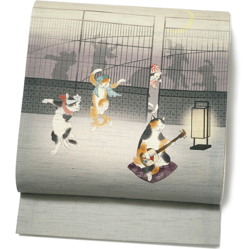 楽天市場】京袋帯 WAKKA 麻 猫の踊り場 グレー 三味線 三毛猫 ハチワレ