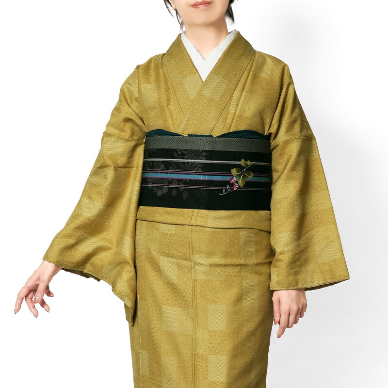 楽天市場】着物 小紋タイル きれどり 格子 からし マスタード 黄色