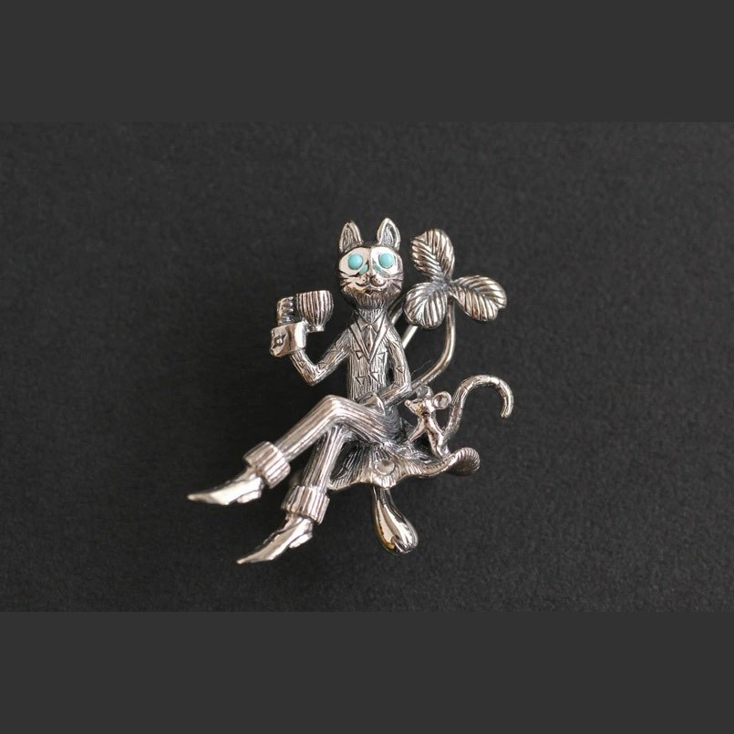 楽天市場】【碌山】 シルバー 猫男爵 ターコイズ ブローチアンティーク