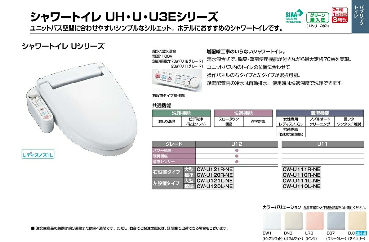 楽天市場】CW-U120R-NE/BW1(ピュアホワイト) シャワートイレ UH・U