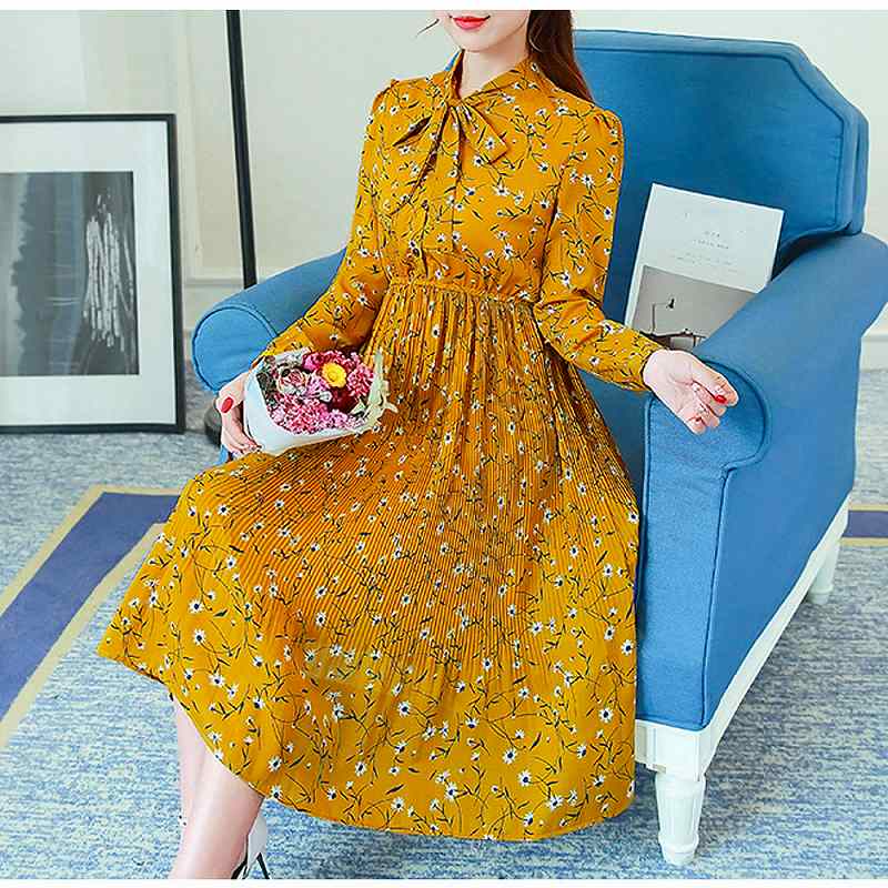 楽天市場】シフォン ワンピース 膝丈 長袖 花柄ワンピ ロング丈