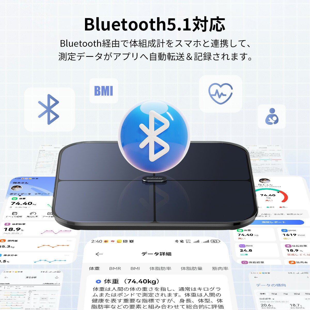 楽天市場】Rabater 体重計 スマホ連動 体組成計 Bluetooth デジタル