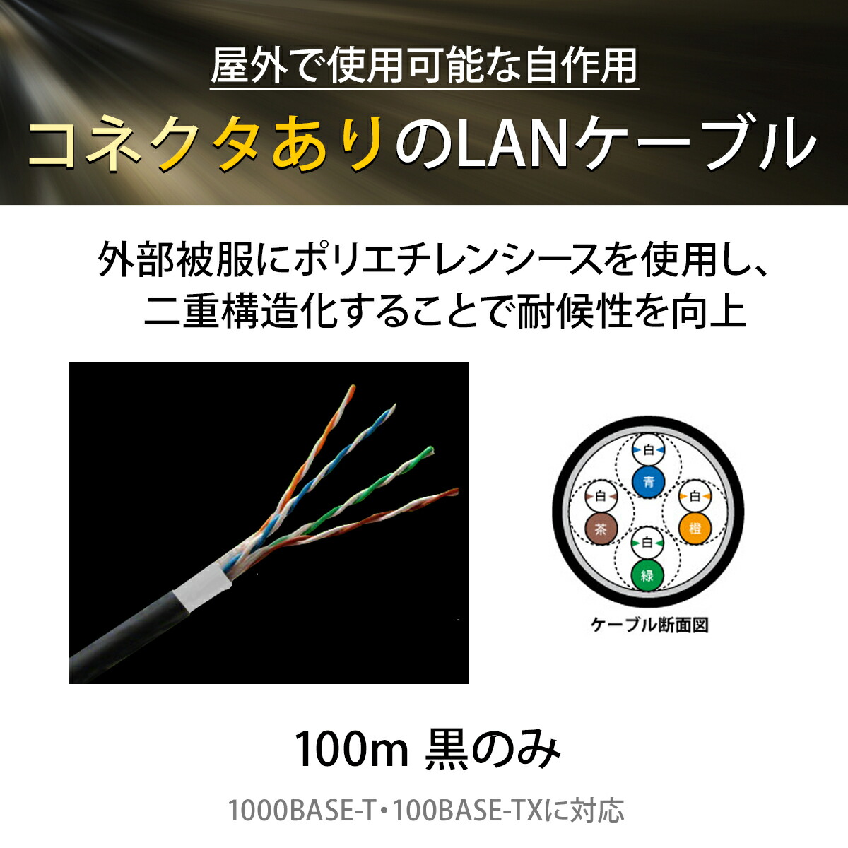楽天市場】コネクター付 屋外用 LANケーブル cat6 100m GSPOWER PoE