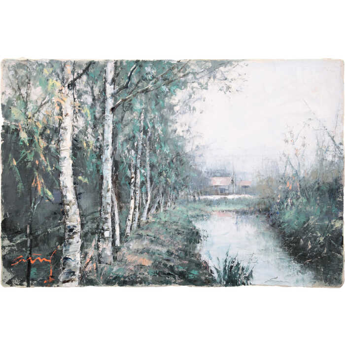 楽天市場】絵画 佐藤あつ子 油絵・油彩画 『白樺並木』 家 川 木 林