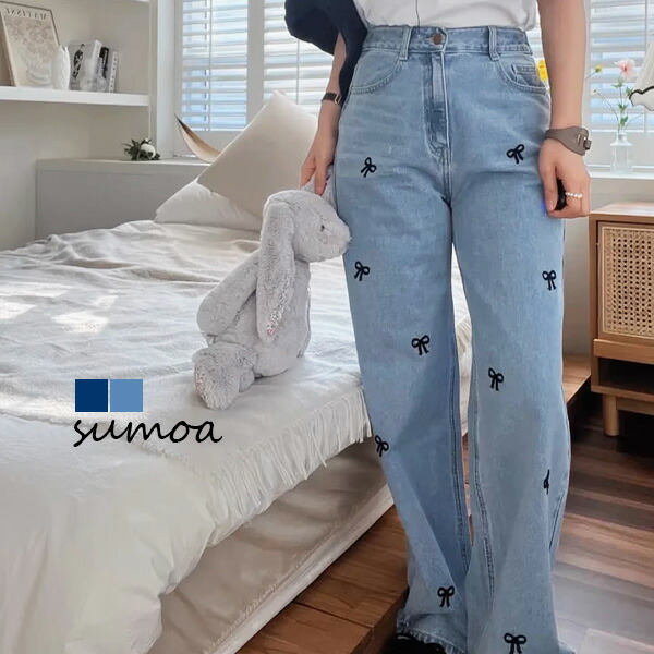 楽天市場】リボン刺繍 デニムパンツ デニムパンツ ワイドパンツ フレア