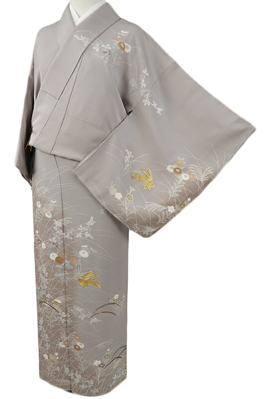 楽天市場】【 中古 】 訪問着 正絹 手描き友禅 灰色 うさぎ お月見