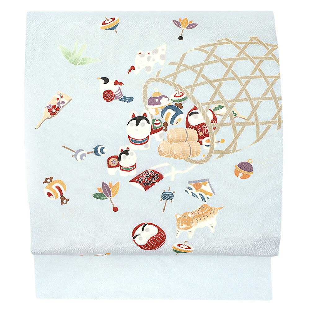 楽天市場】名古屋帯 秀美 十日町友禅 正絹 浜ちりめん 薄水色 水色 猫