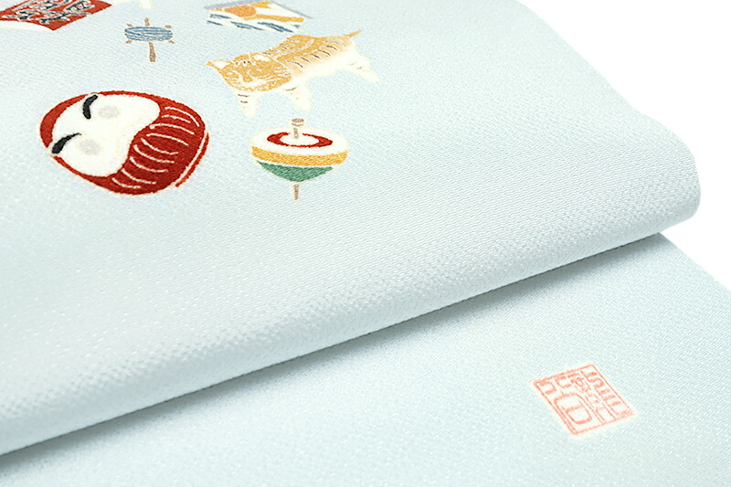 楽天市場】名古屋帯 秀美 十日町友禅 正絹 浜ちりめん 薄水色 水色 猫