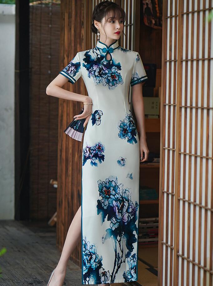 楽天市場】ロングチャイナドレス 半袖 ロング丈 パーティー二次会