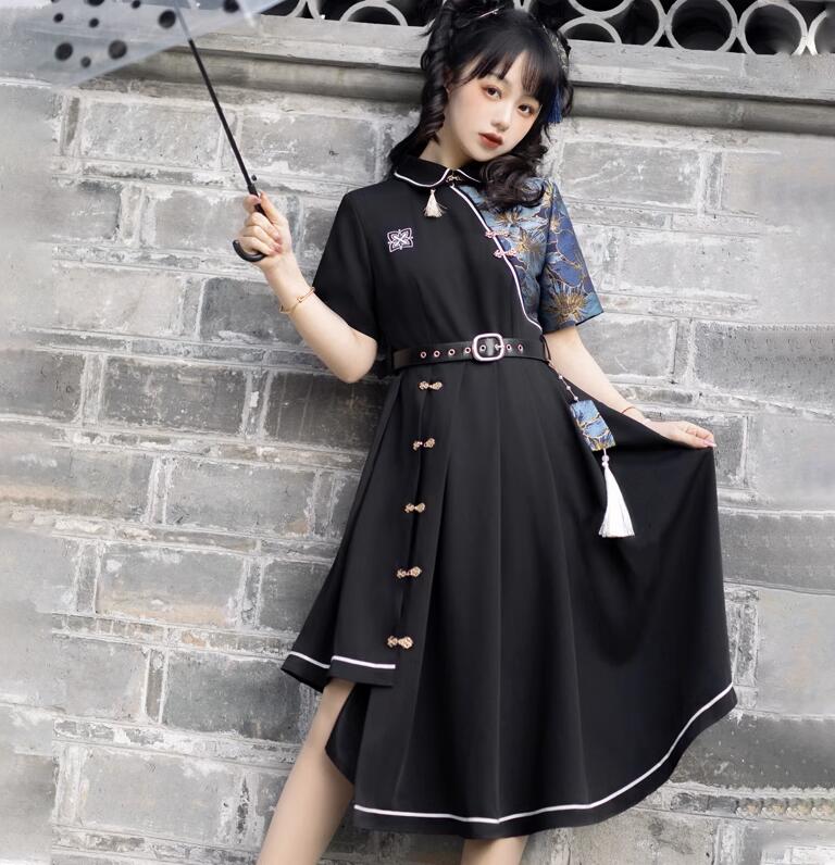 楽天市場】チャイナ風ワンピース 半袖 長袖 ミモレ丈 中国風 シャツ