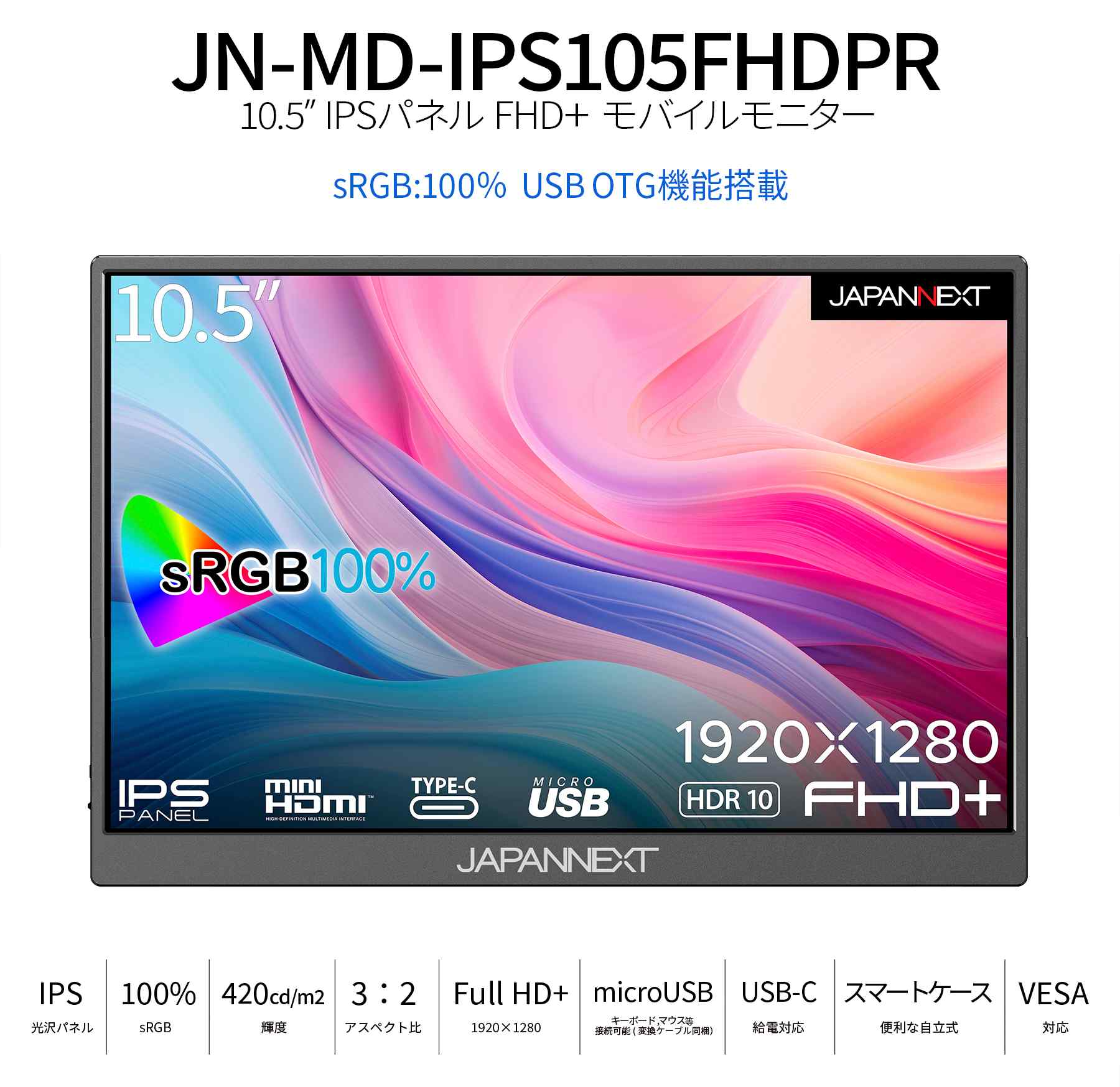 楽天市場】JAPANNEXT 10.5インチ IPSパネル フルHD+(1920x1280)解像度