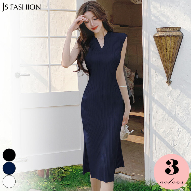 楽天市場】ノースリーブ ワンピース ワイドリブ 全3色 キーネック