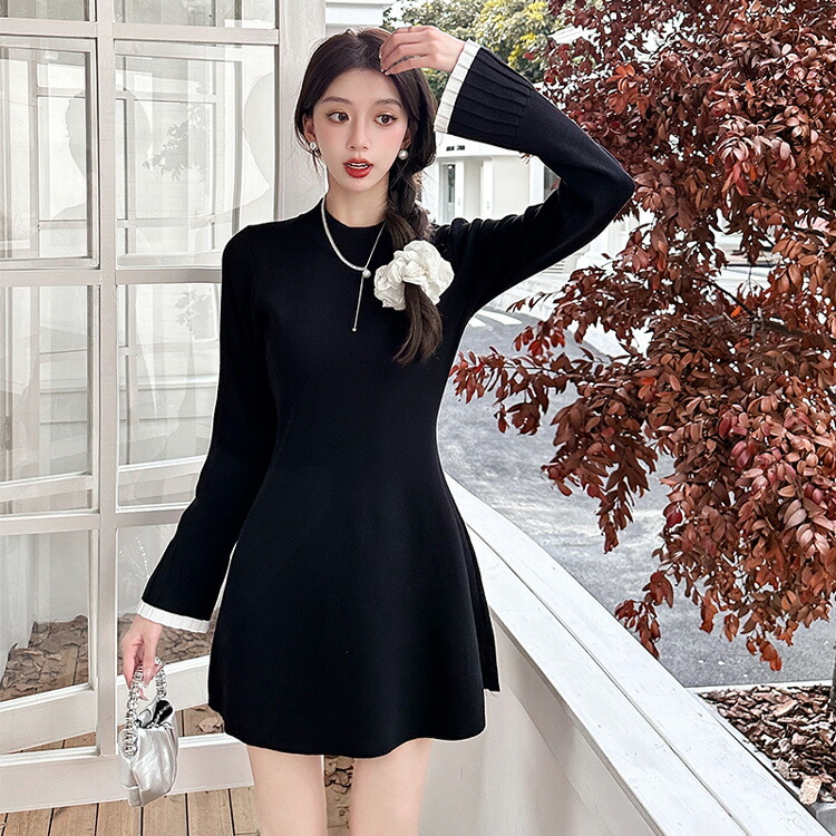 楽天市場】ニットワンピース ミニ丈 全2色 ハイネック フレア袖 配色