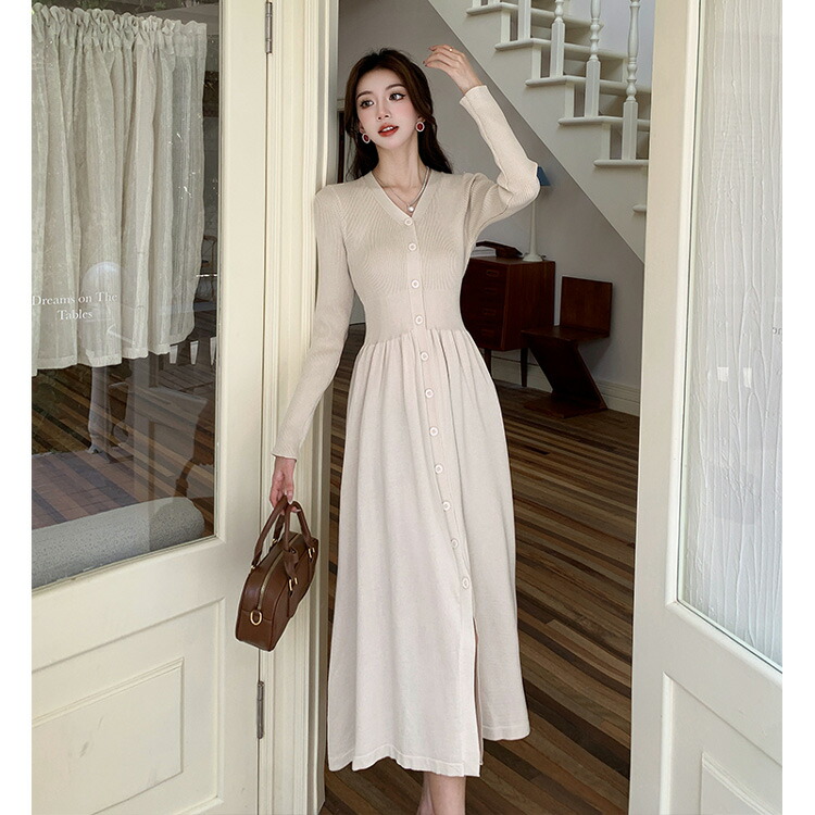 楽天市場】ニットワンピース ロング丈 全3色 Vネック 前ボタン ロング