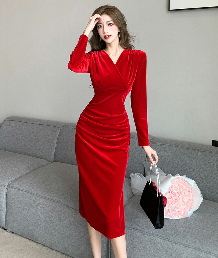 楽天市場】ベルベット タイト ワンピース 長袖 ベルベット Vネック