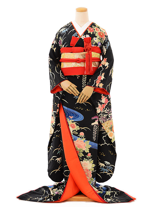 楽天市場】黒引き振袖 着物 神社婚 和装 1AJ0356 黒地流水 花柄 鶴