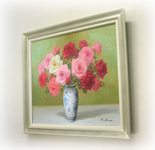 肉質油絵 横 F6 バラの花と花瓶 青木今陽 美術専門誌作家 額縁入