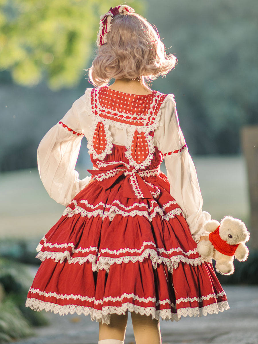 楽天市場】甘いロリータJSKドレスノースリーブレース蝶結び赤い