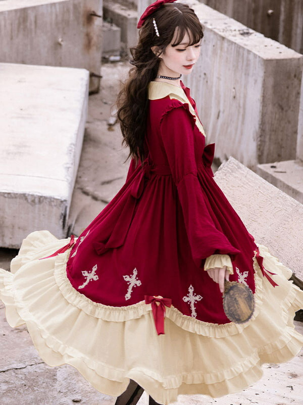 楽天市場】甘いロリータドレスブルゴーニュポリエステル長袖ボウクロス