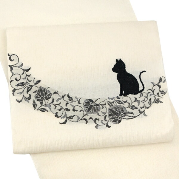 楽天市場】名古屋帯 正絹 龍美工房 仕立て付き 猫柄 葵 更紗 白 帯