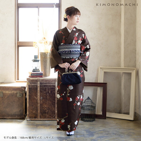 楽天市場】洗える着物 セット「袷着物：梅が枝 焦茶色＋京袋帯：間道
