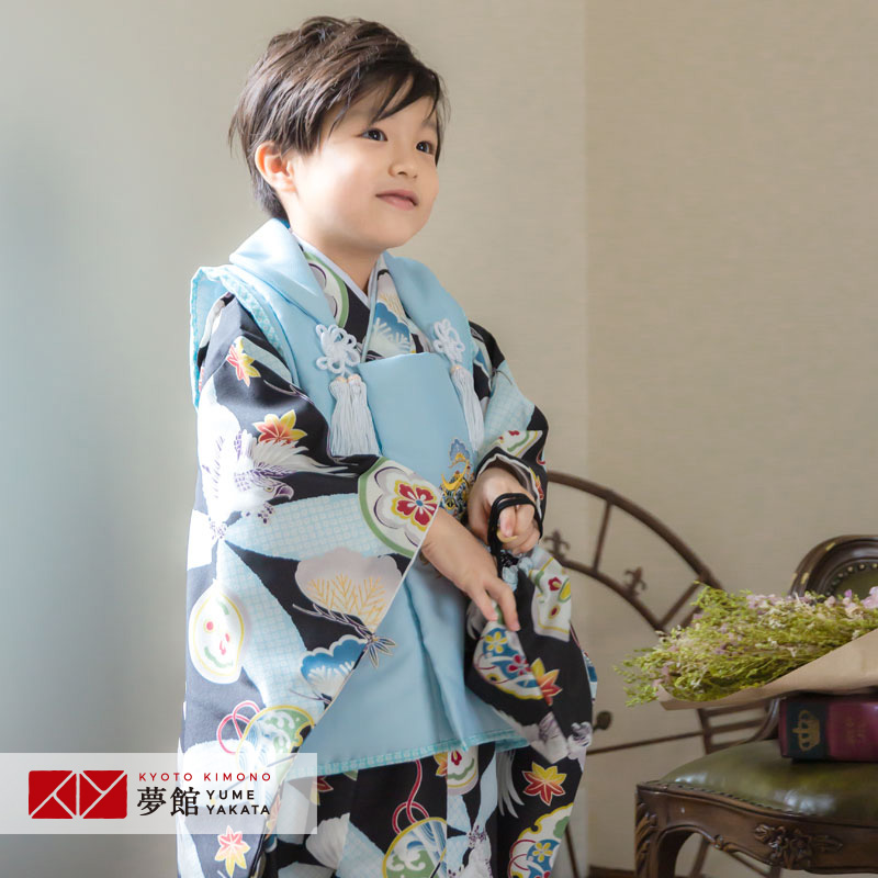 楽天市場】【レンタル】[七五三 着物 3歳]男の子「K121 水色兜×黒鷹と
