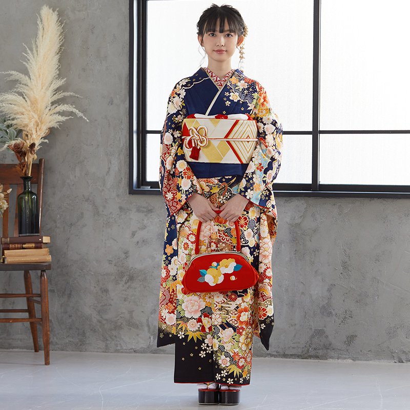 楽天市場】【成人式 振袖 レンタル】RS1451 正絹 紺 流水古典花フル