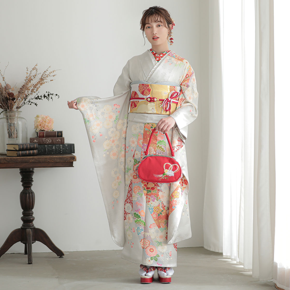 楽天市場】【成人式 振袖 レンタル】RS1424 正絹 グレー 熨斗に八重桜