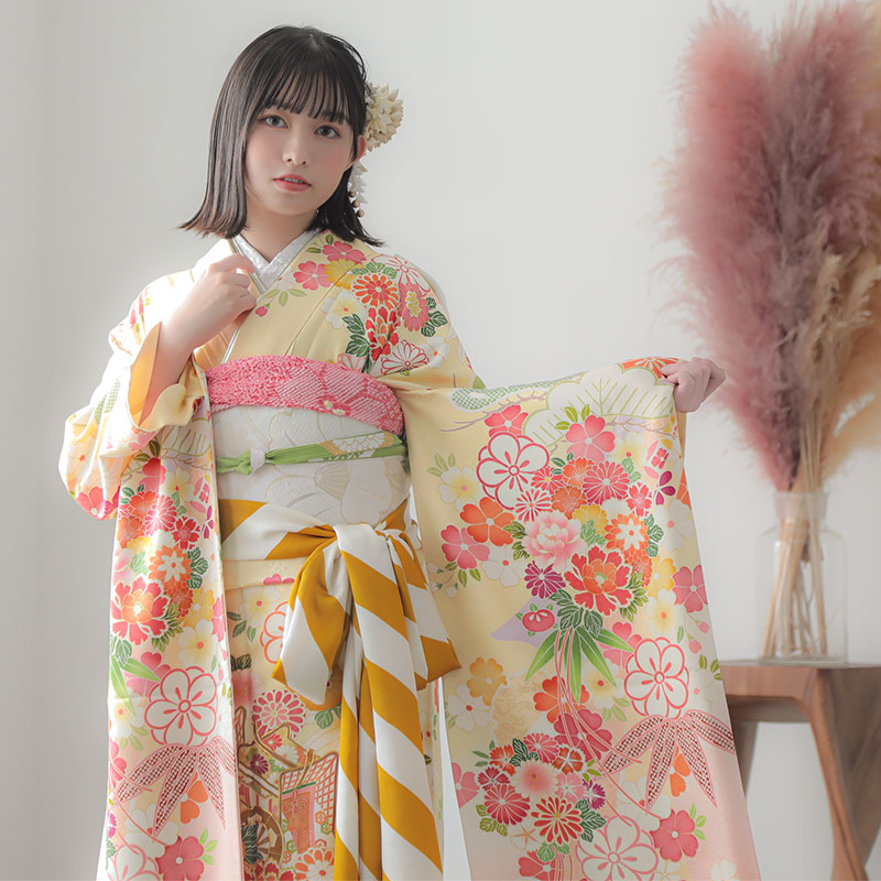 楽天市場】【成人式 振袖 レンタル】RS1423 正絹 黄 松牡丹に御所車