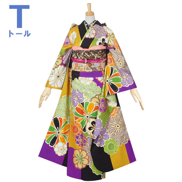楽天市場】【成人式 振袖 レンタル】RS1561 正絹 黒×紫×金茶×黄緑 菊梅