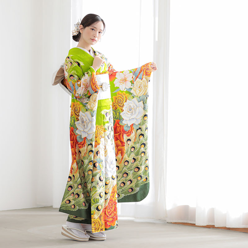 楽天市場】【成人式 振袖 レンタル】RS1723 正絹 黄緑 バラと孔雀羽根