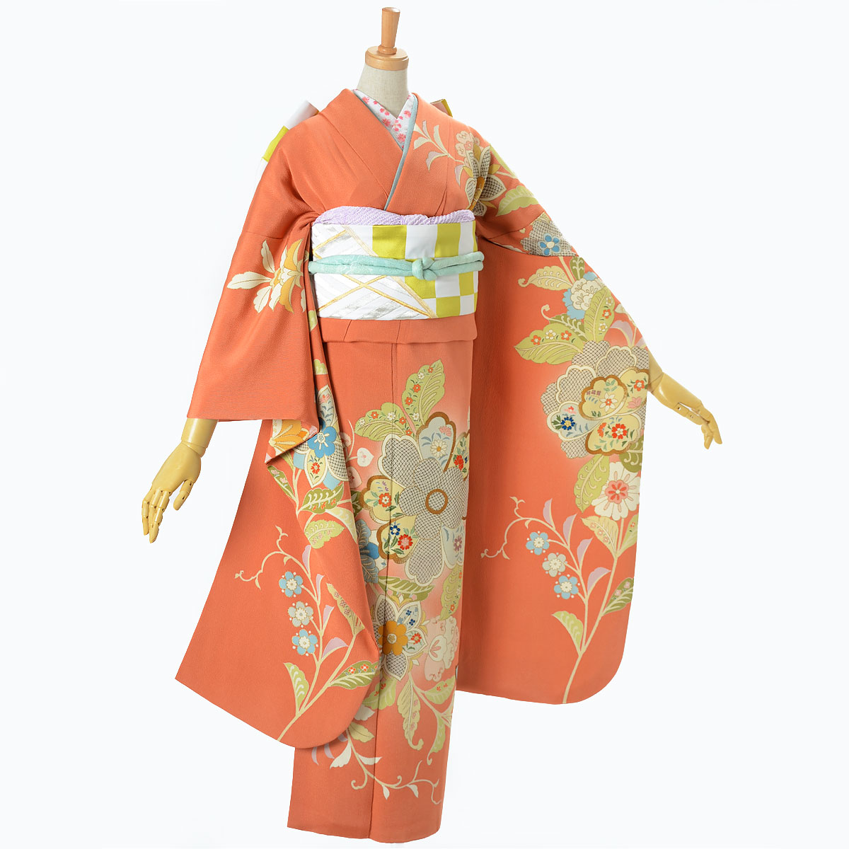 楽天市場】【成人式 振袖 レンタル】RS156 正絹 柿色 唐花文様フル