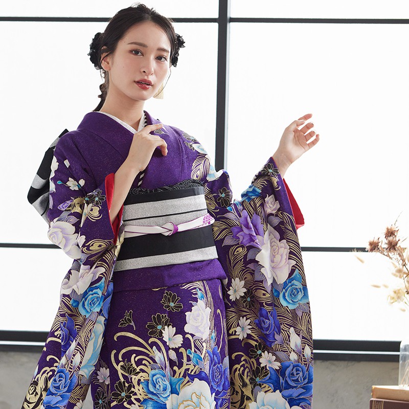 4796 振袖6点フルセット 成人式卒業式結婚式 ふりそで 紫 正絹 胡蝶欄