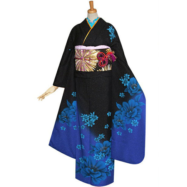 楽天市場】【成人式 振袖 レンタル】RS1192 正絹 黒×ブルー 八重桜フル