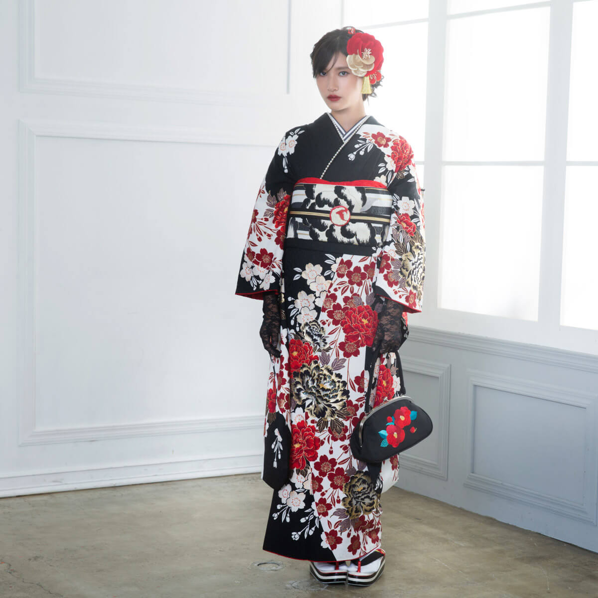 楽天市場】【成人式 振袖 レンタル】RS1359 正絹 黒 豪華金彩 牡丹桜