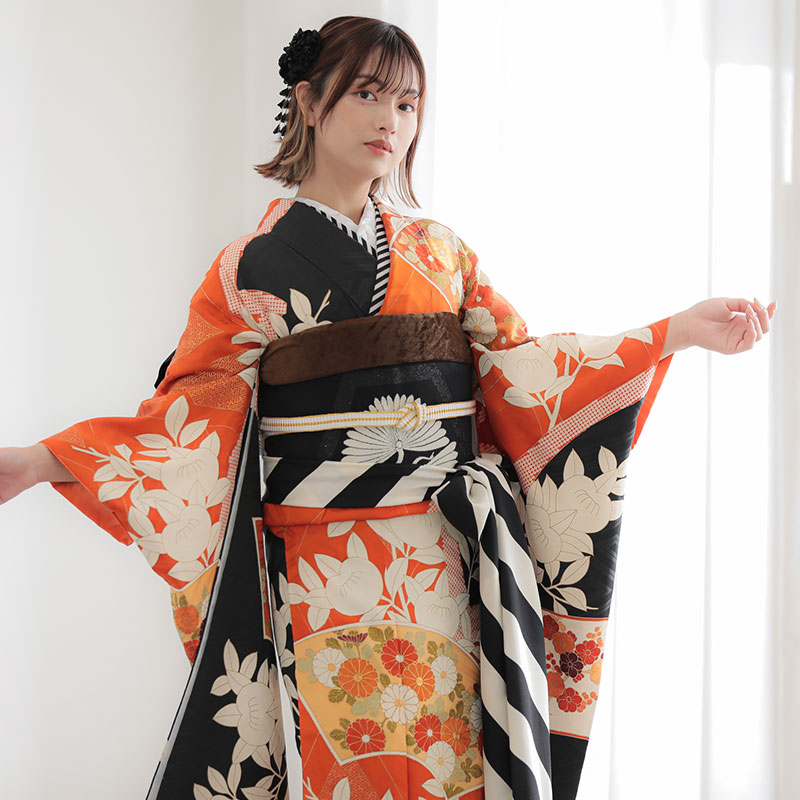 楽天市場】【振袖 レンタル】 結婚式 結納R2027 正絹 オレンジ×黒 扇面