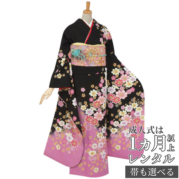 楽天市場】【成人式 振袖 レンタル】RS455 正絹 黒 コスモスと桜フル