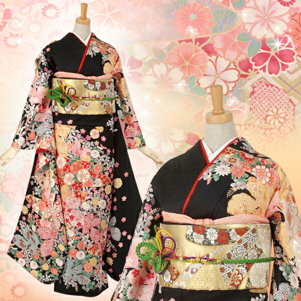 楽天市場】【成人式 振袖 レンタル】RS469 正絹 黒 梅と橘にかのこ柄と
