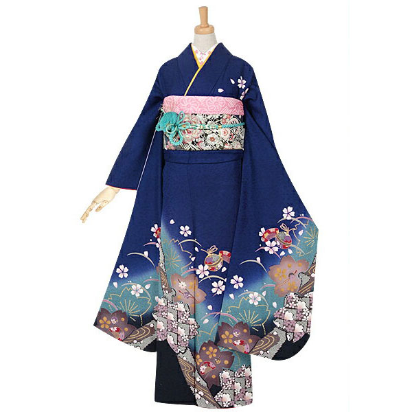 楽天市場】【成人式 振袖 レンタル】RS966 正絹 青 市松桜フルセット