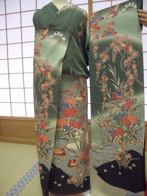 楽天市場】振袖 紅型調「ダークグリーン 花々に流水と鴛鴦(おしどり